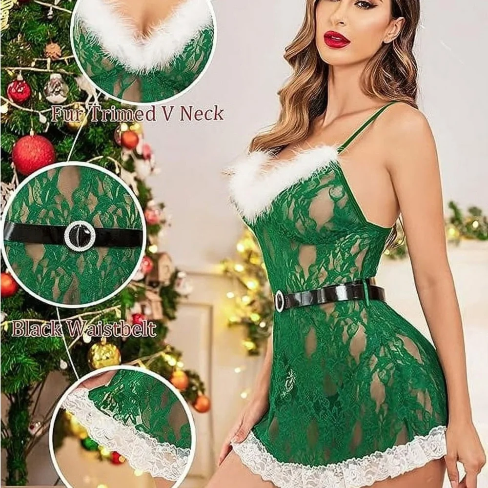 Green Lace Fur Trimmed V-Neck Sleepwear